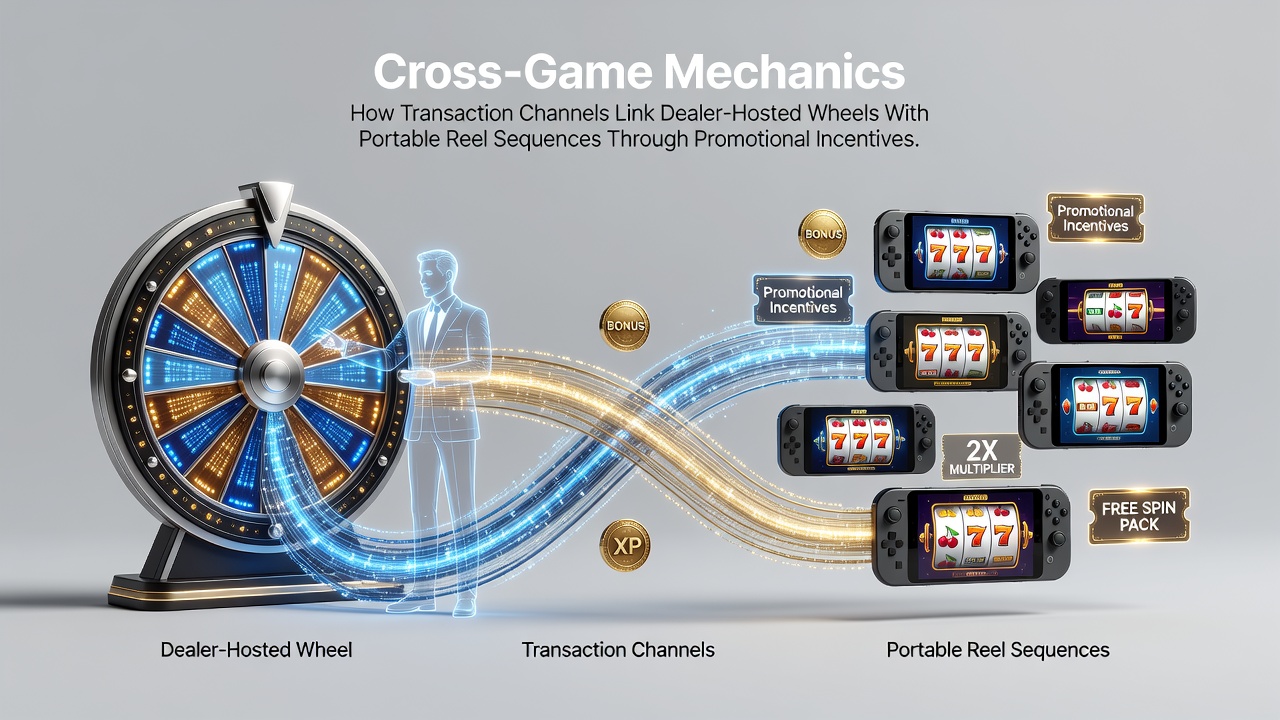 Diagram showing transaction channels connecting dealer-hosted roulette wheels to mobile slot reel sequences via promotional incentives
