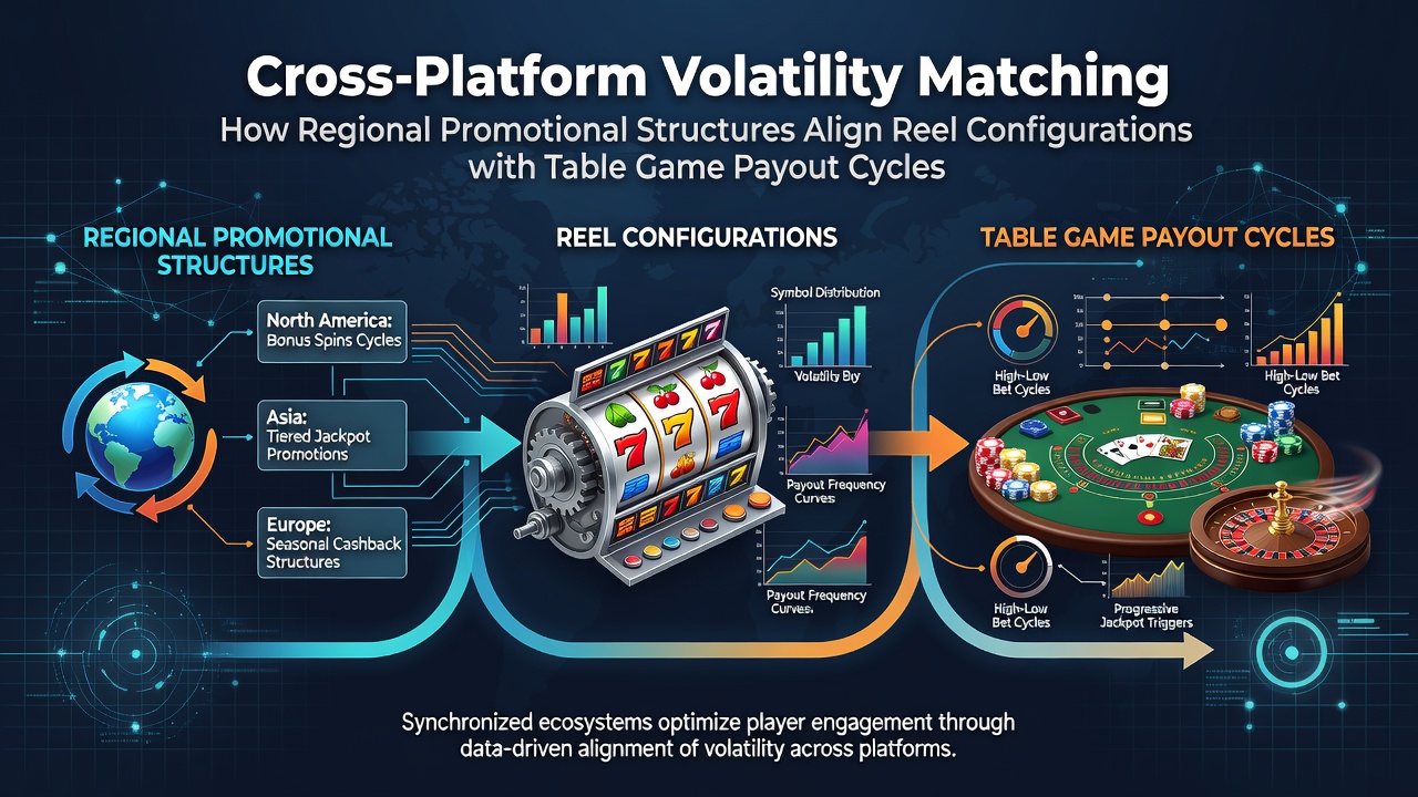 Cross-platform volatility matching diagram showing slot reel configurations aligned with table game payout cycles through regional promotional overlays