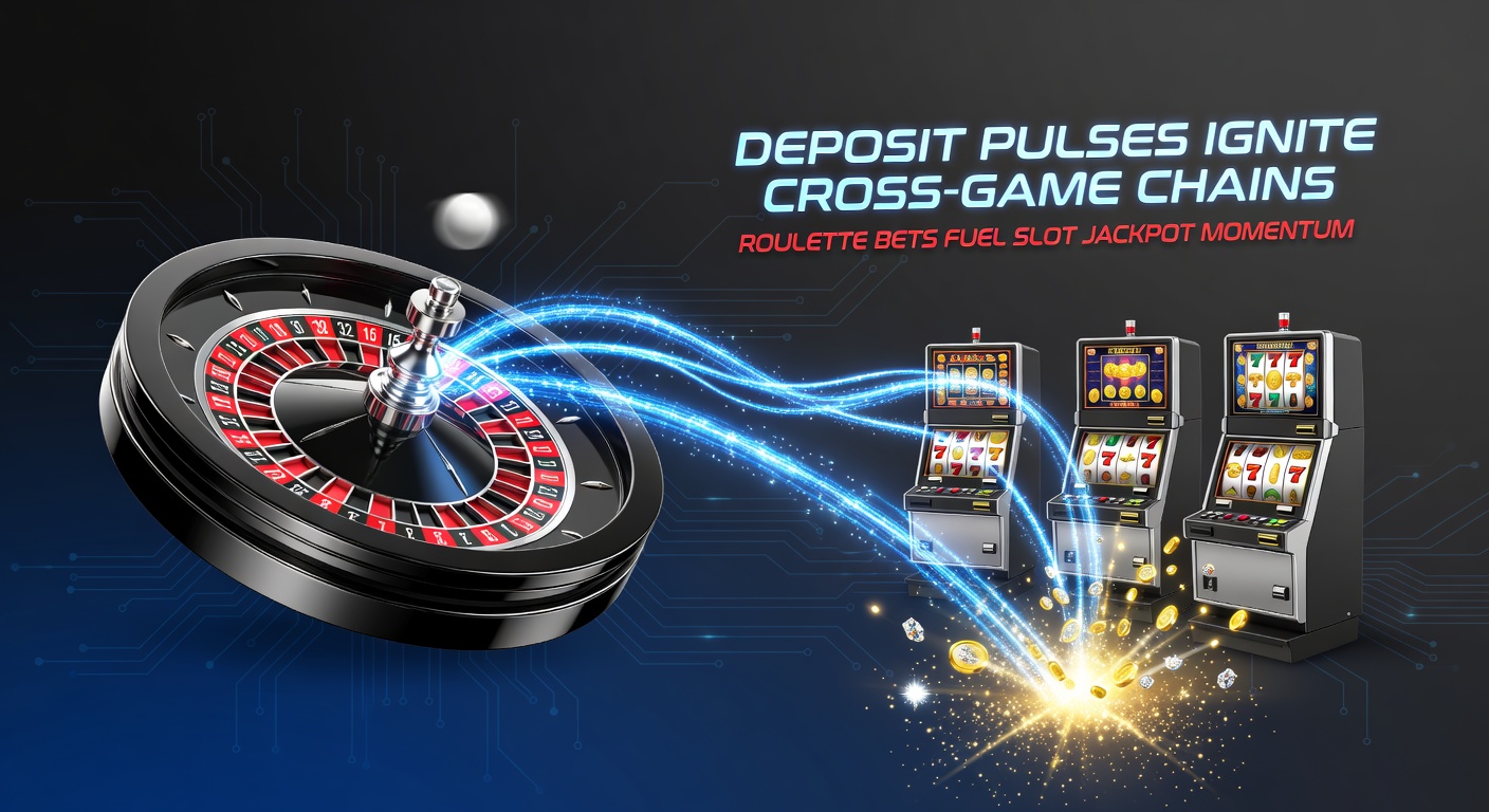 Dynamic visualization of deposit transactions pulsing between roulette wheels and slot reels, illustrating momentum transfer in online casino play