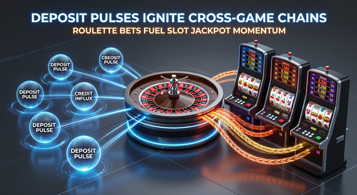 Infographic showing deposit pulse timelines linking roulette win streaks to escalating slot jackpot meters in a cross-game casino environment