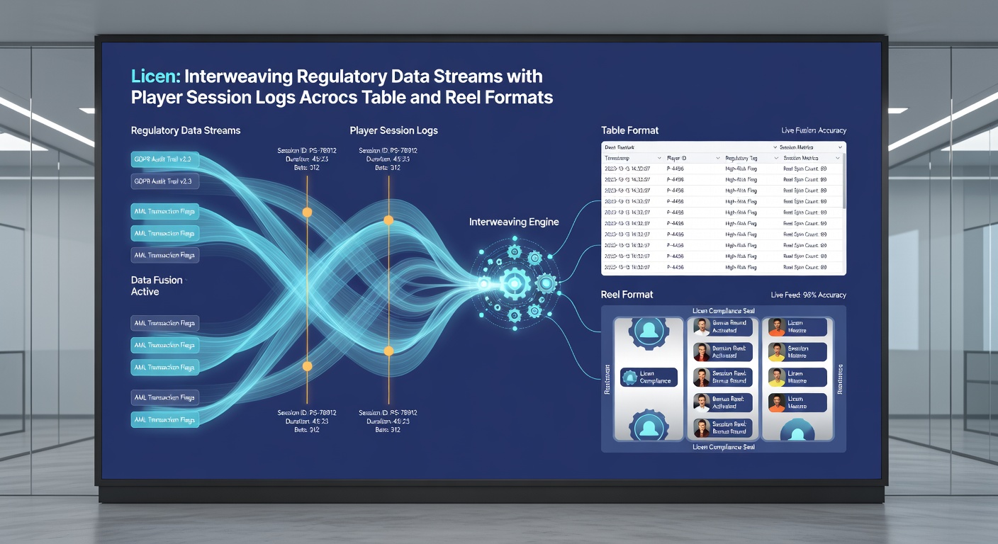 Data integration dashboard displaying session logs overlaid with regulatory compliance metrics for table and reel games
