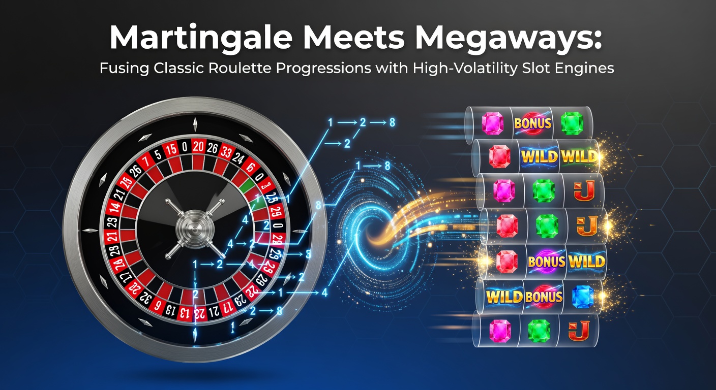 Dynamic fusion of a spinning roulette wheel overlaid with cascading Megaways slot reels, illustrating the blend of classic betting progressions and high-volatility mechanics