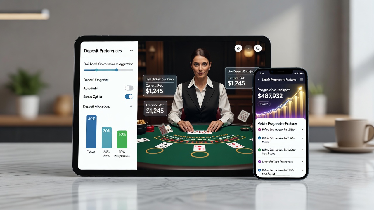 Live dealer table with mobile progressive slot interface showing deposit options and strategy overlays