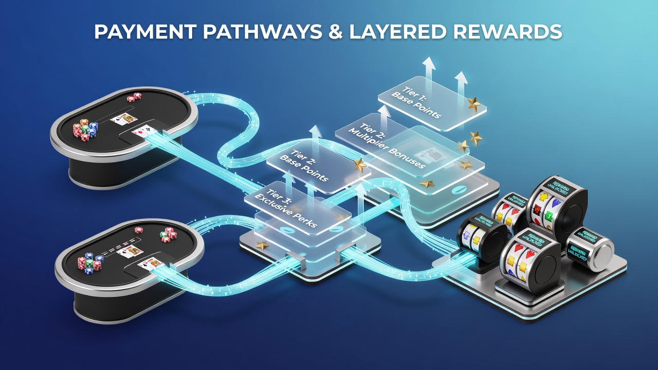 Diagram showing integrated payment flows between live dealer tables and mobile slot reels with layered bonus structures
