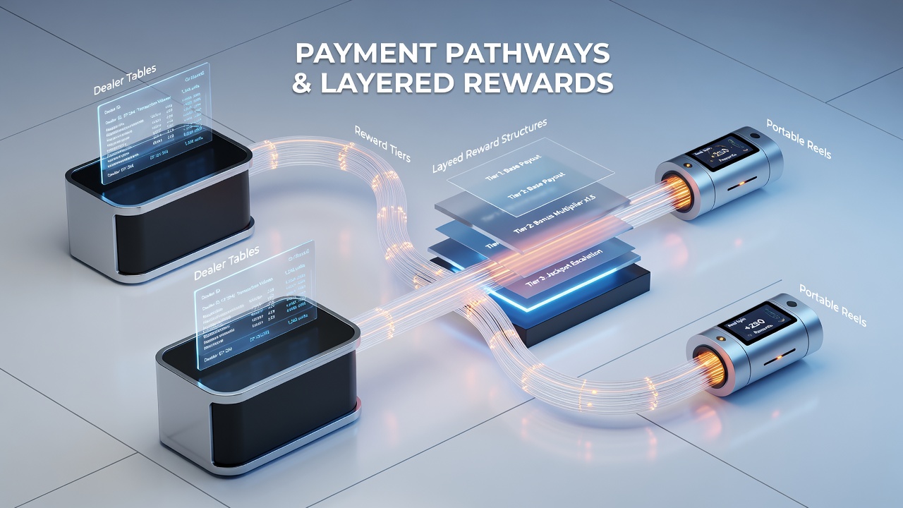 Illustration of mobile device displaying connected casino wallet with reward layers linking live dealer and slot gameplay