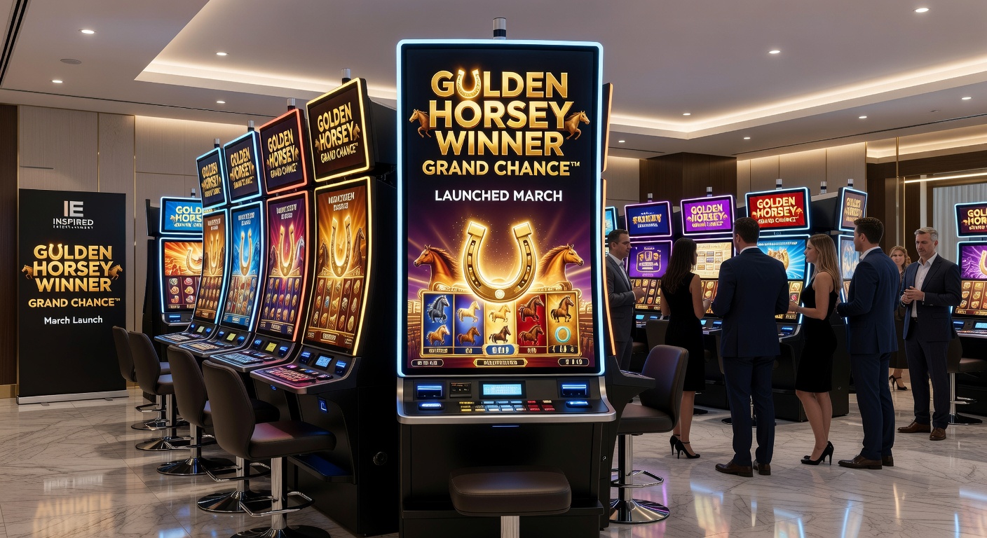 Dynamic slot screen from Golden Horsey Winner Grand Chance™ showing spinning reels with golden horse icons, bonus triggers, and escalating jackpot meters
