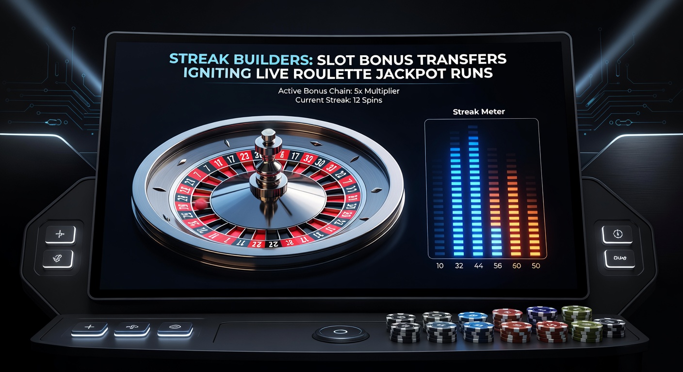 Dynamic split-screen of a slot bonus round exploding into a live roulette jackpot payout, with glowing transfer arrows and cheering virtual crowd
