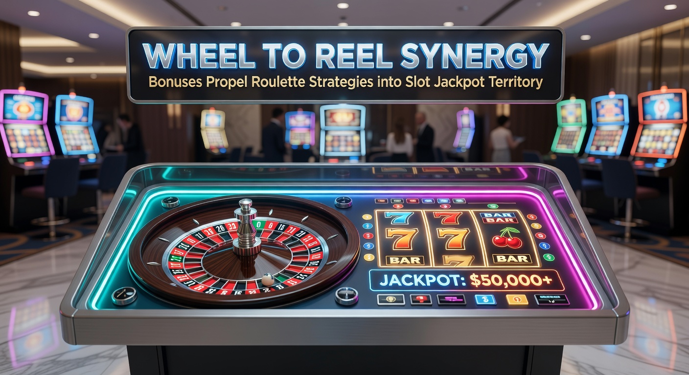 Dynamic illustration of a roulette wheel merging seamlessly into spinning slot reels, with glowing bonus symbols linking the two games